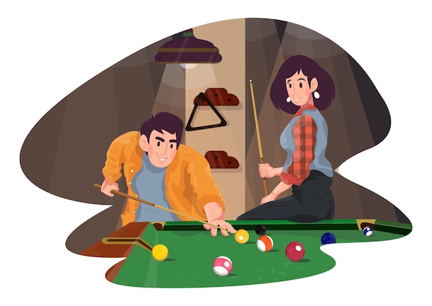 Un Gars Et Une Fille Jouent Au Billard. Illustration Détaillée Colorée Avec Un Jeune Couple.