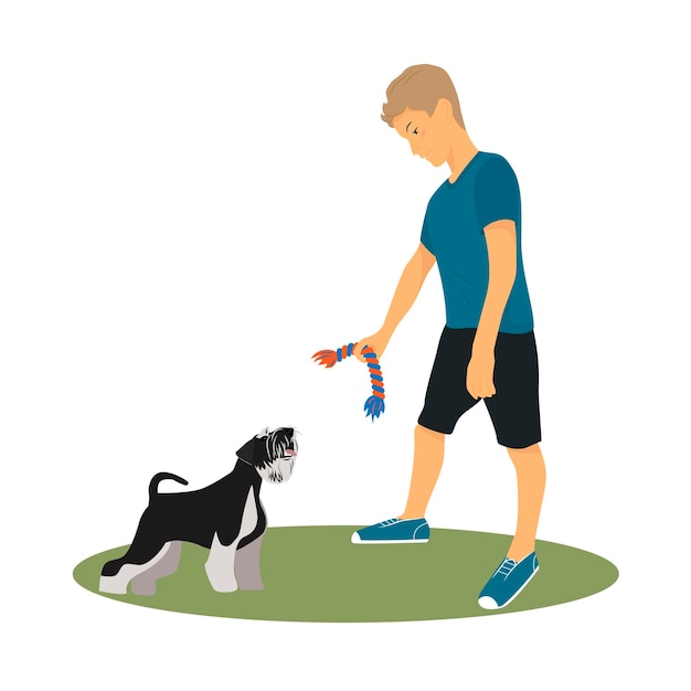 Le gars marche avec son chien schnauzer miniature Dressage de chiens Illustration vectorielle dans un style plat