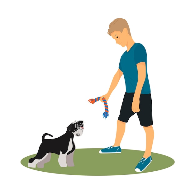 Le Gars Marche Avec Son Chien Schnauzer Miniature Dressage De Chiens Illustration Vectorielle Dans Un Style Plat