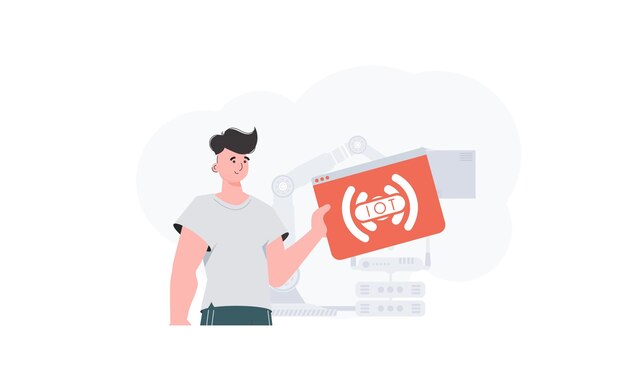 Le gars tient une icône de chose Internet dans ses mains Concept Internet des objets Bon pour les présentations et les sites Web Style plat à la mode