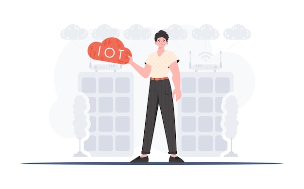Le gars tient une icône de chose Internet dans ses mains Concept IoT Bon pour les sites Web et les présentations Illustration vectorielle