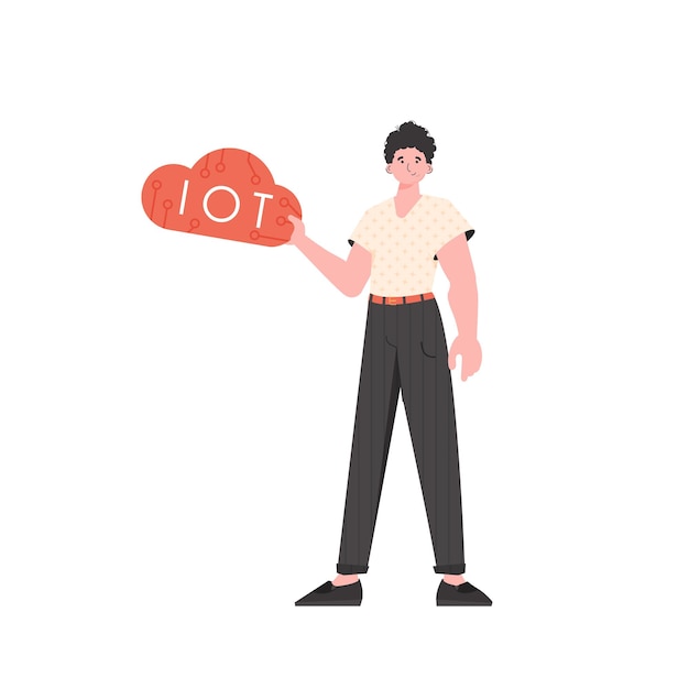 Le gars tient le logo IoT dans ses mains Concept IoT Illustration vectorielle isolée dans un style plat branché