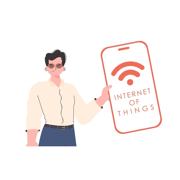 Vecteur le gars tient un téléphone avec le logo iot dans ses mains internet des objets et concept d'automatisation illustration vectorielle dans un style plat branché