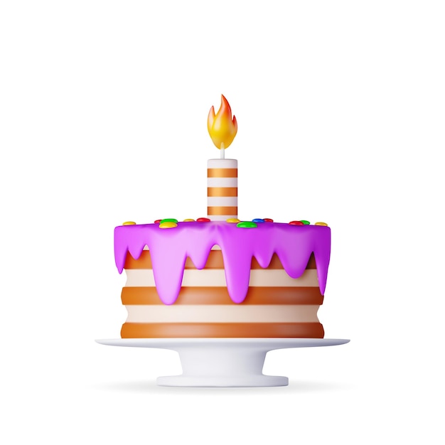 Vecteur gâteau 3d avec une bougie allumée isolée sur un rendu blanc gâteau en couche de chocolat décoré avec du glaçage violet gâteau sucré fête fête anniversaire fête dessert cadeau illustration vectorielle