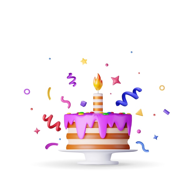 Gâteau 3D avec bougie et confetti isolé sur blanc Render gâteau en couche de chocolat décoré de glaçage violet glaçage sucré fête gâteau fête anniversaire célébration dessert cadeau illustration vectorielle