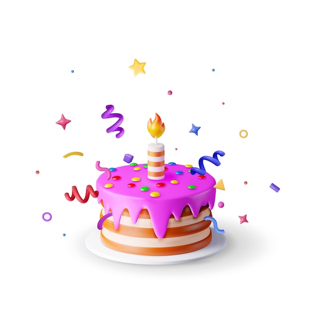 Gâteau 3D avec bougie et confetti isolé sur blanc Render gâteau en couche de chocolat décoré de glaçage violet glaçage sucré fête gâteau fête anniversaire célébration dessert cadeau illustration vectorielle