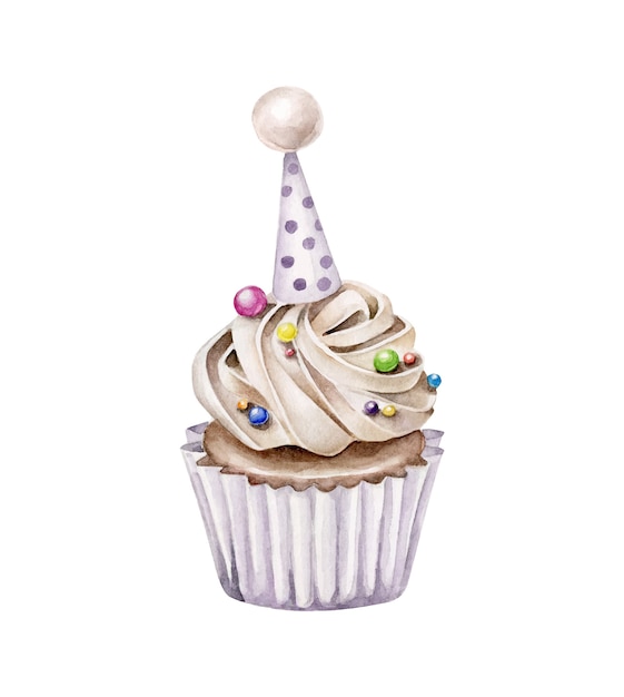 Vecteur gâteau d'anniversaire aquarelle cupcake isolé sur fond blanc