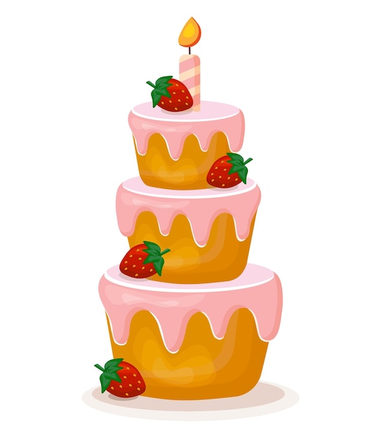 Gâteau D'anniversaire Avec Bougie Et Fraises Illustration Vectorielle Isolée