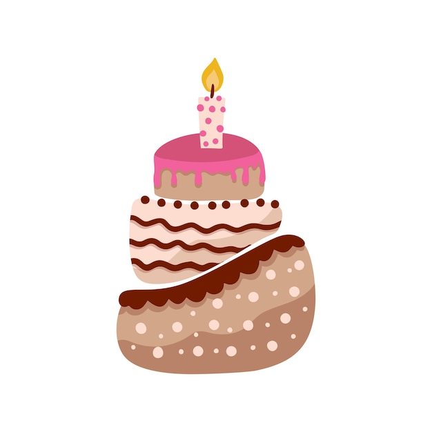 Gâteau d'anniversaire avec une bougie vecteur fête bébé enfants simple plat cuit dessert doodle illustration