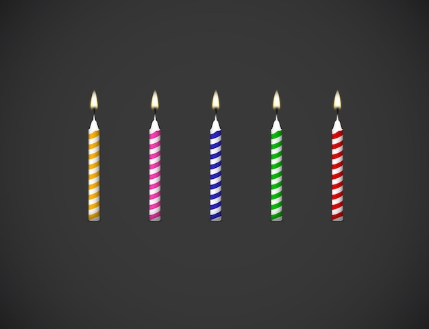 Vecteur gâteau d'anniversaire bougies flamme ensemble réaliste isolé sur fond sombre illustration 3d vectorielle