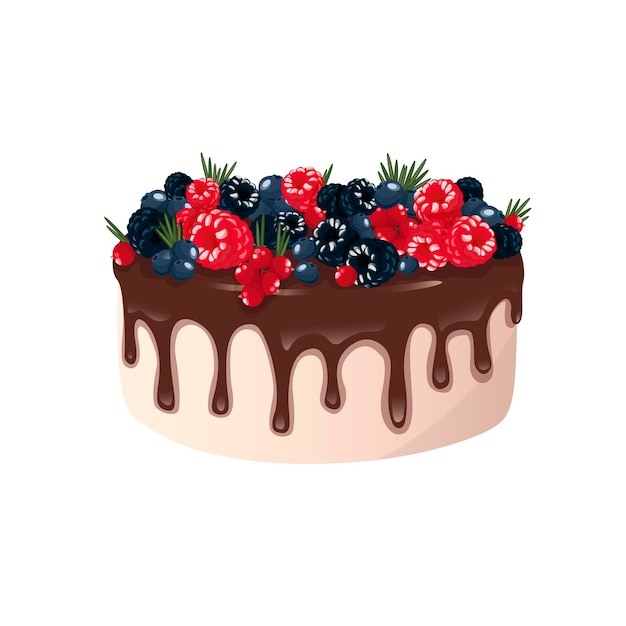 Gâteau d'anniversaire coloré décoré de baies et de chocolat fondu isolé sur fond blanc