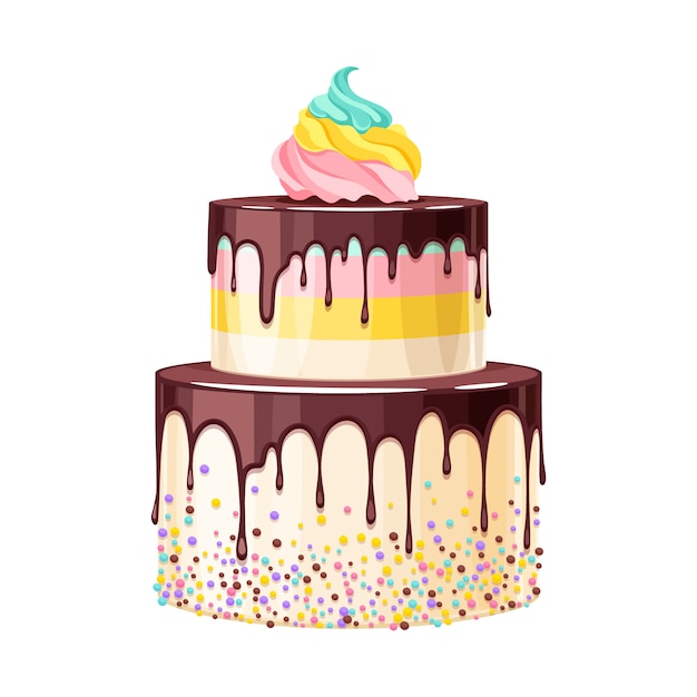 Gâteau d'anniversaire coloré décoré d'une illustration de chocolat fondu.