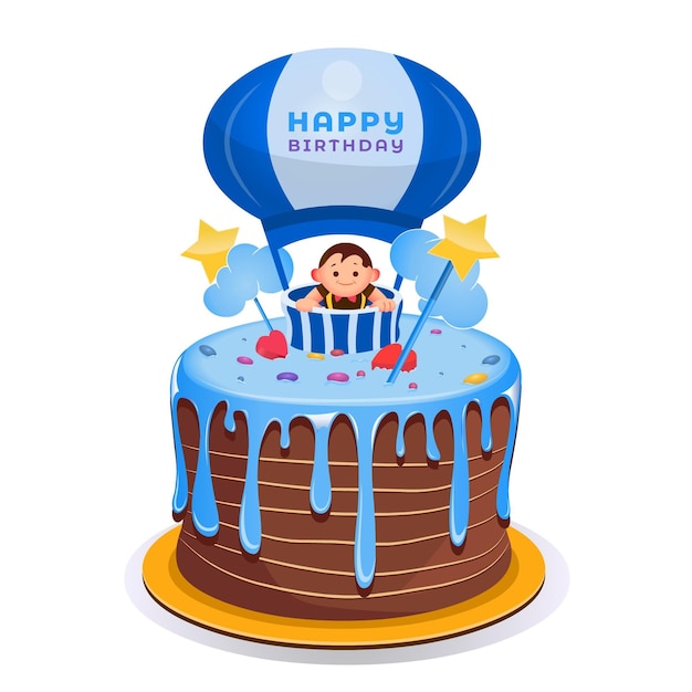 Vecteur gâteau d'anniversaire de dessin animé avec topper