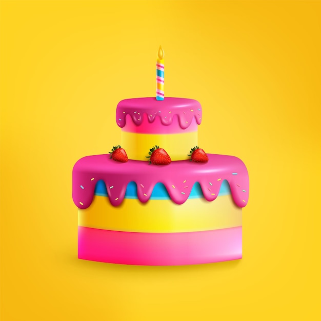 Vecteur gâteau d'anniversaire de qualité supérieure, bonbons à deux niveaux recouverts d'un glaçage fondant avec une bougie allumée