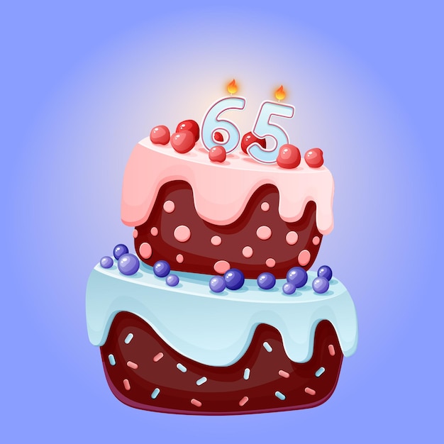 Gâteau D'anniversaire De Soixante-cinq Ans Avec Des Bougies Numéro 65 Image Vectorielle Festive De Dessin Animé Mignon Biscuit Au Chocolat Avec Des Baies, Des Cerises Et Des Myrtilles Illustration De Joyeux Anniversaire Pour Les Fêtes