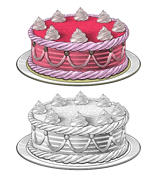 Vecteur gâteau d'anniversaire en style de gravure