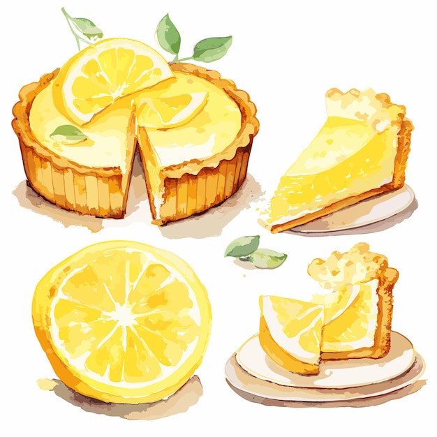 Vecteur gâteau d'aquarelle avec des citrons et des feuilles