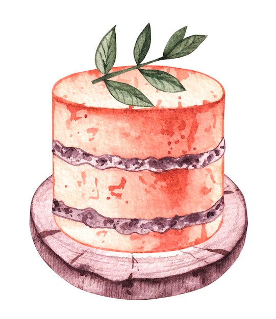 Gâteau aquarelle sur un support en bois