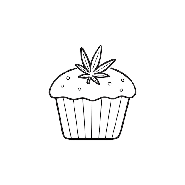 Gâteau au cannabis avec icône de doodle contour dessiné main feuille de marijuana. Dessert à la marijuana, concept de cannabis médical. Illustration de croquis de vecteur pour l'impression, le web, le mobile et l'infographie sur fond blanc.