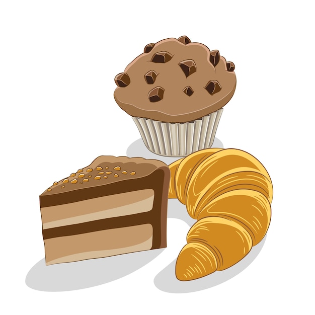 Gâteau au chocolat Tasse à café et Croissant Petit-déjeuner Illustration vectorielle