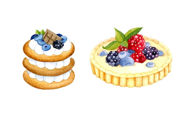 Gâteau aux baies et éléments d'aquarelle tartelette crème isolés