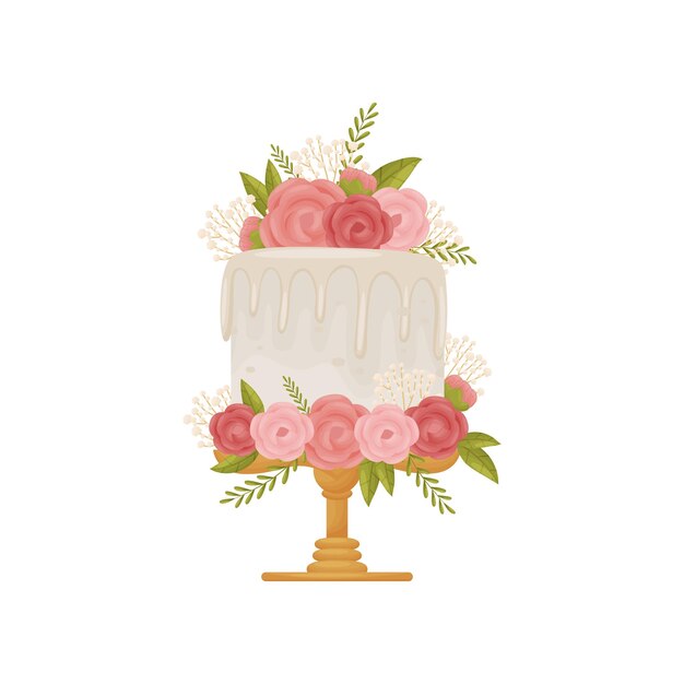 Vecteur gâteau blanc avec glaçage blanc sur support en bois avec jambe décorée de fleurs roses illustration vectoriel sur fond blanc