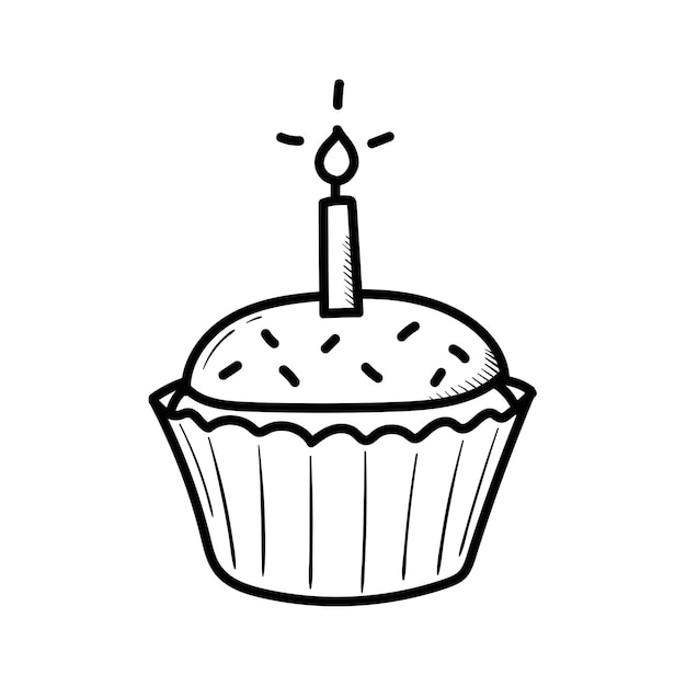 Gâteau cupcake avec bougie anniversaire 1 an illustration dessinée à la main dans un style doodle