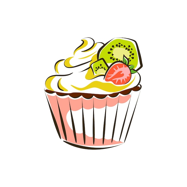 Gâteau Cupcake à La Crème De Pistache Garni De Morceaux De Kiwi Et De Fraise Illustration Vectorielle