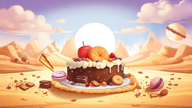 Vecteur un gâteau avec un désert en haut et une montagne en arrière-plan
