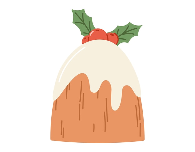 Gâteau de dessin animé de Noël avec glaçage et branche de houx avec des feuilles et des baies Vector illustration plate isolée de la cuisson d'hiver festive