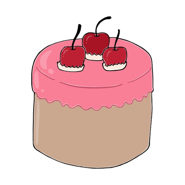 Gâteau éponge Rond Avec Glaçage Et Cerises Dessert Doodle Cartoon Linéaire