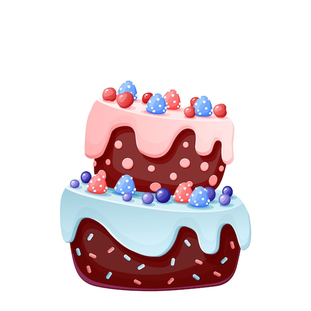 Gâteau De Fête De Dessin Animé Mignon Avec Des Bonbons. Biscuit Au Chocolat Avec Des Cerises Et Des Myrtilles.