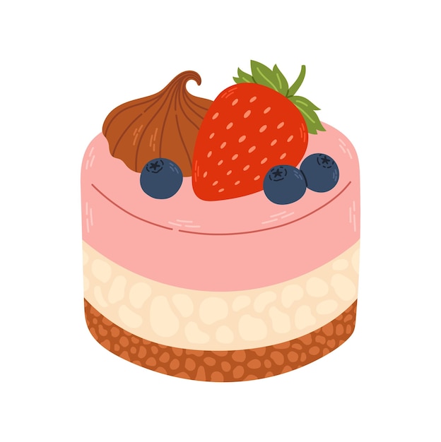 Un gâteau avec une fraise et des myrtilles sur le dessus.