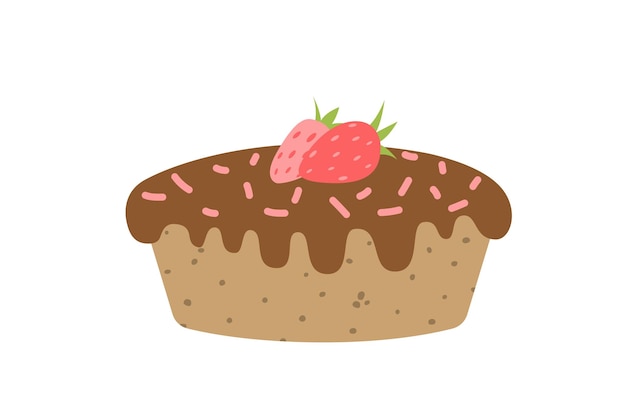 Gâteau avec glaçage au chocolat saupoudrer de tarte aux fraises dessin animé plat isolé