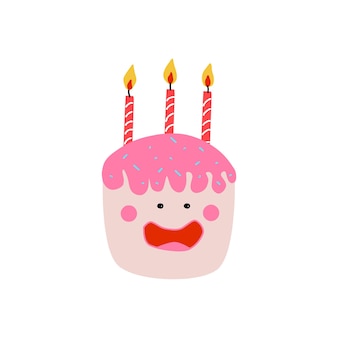 Gâteau kawaii mignon avec des bougies isolées vecteur personnage décalé avec visage yeux joues et sourire