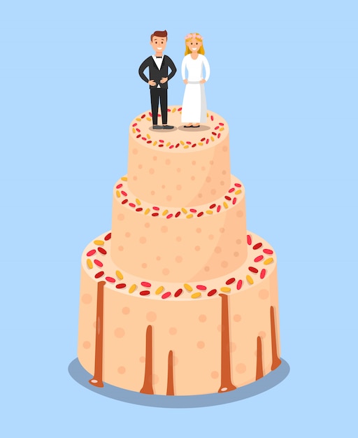 Vecteur gâteau de mariage avec des affiches de chapeaux de jeunes mariés.