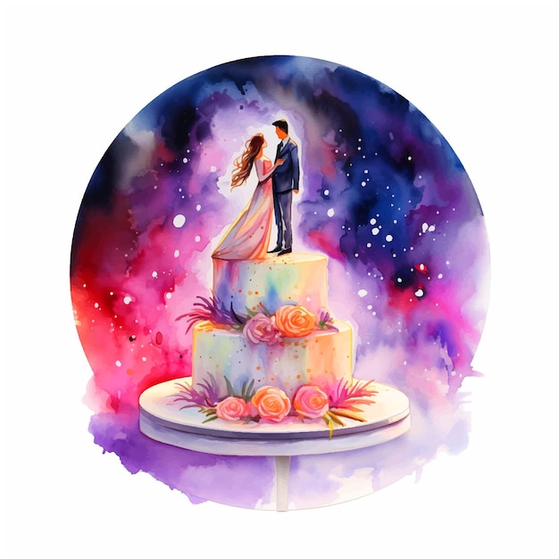 Gâteau de mariage avec illustration de peinture aquarelle couple
