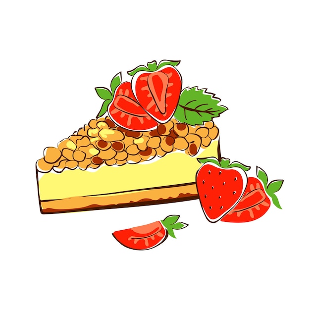 Vecteur gâteau un morceau triangulaire de génoise avec des fraises à la crème et des feuilles de menthe croquis vecteur
