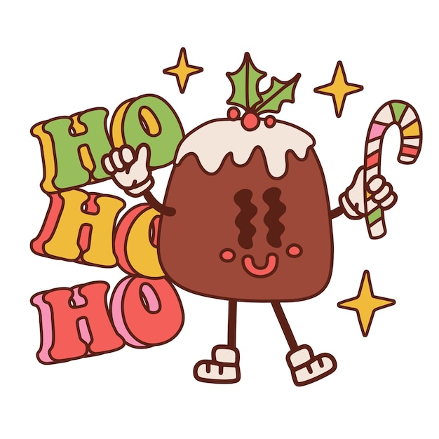 Vecteur gâteau de noël groovy concept isolé de personnage groovy avec texte hoho ho mascotte rétro clipart avec