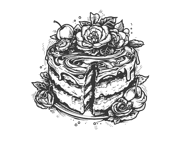 Gâteau en noir et blanc Un croquis dessiné à la main mis en évidence sur un fond blanc Illustration vectorielle