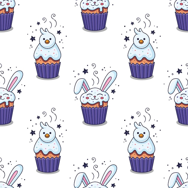 Vecteur gâteau de pâques lapin lièvre lapin nestling dans le style de dessin animé dessiné à la main motif sans couture gâteau de pêche