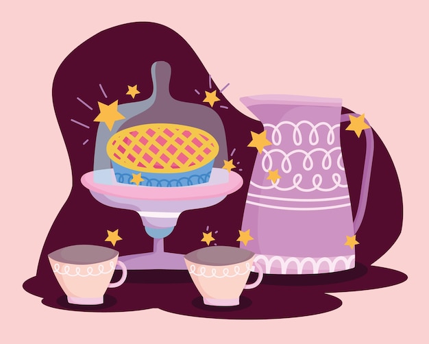 Gâteau De Pot De Thé Et Tasses De Café Cuisson Dans L'illustration De Lettrage De Style Dessin Animé