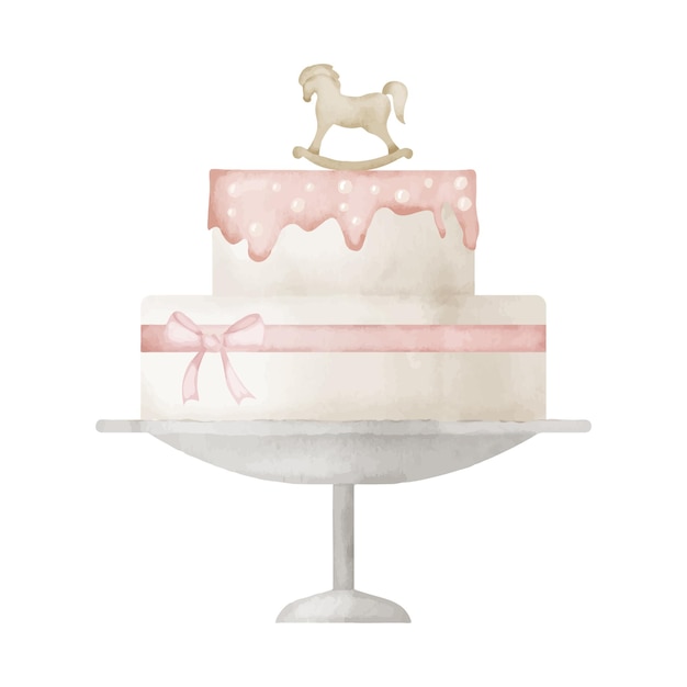 Gâteau Pour La Fête De La Douche De Bébé Illustration à L'aquarelle Dessinée à La Main Pour L'anniversaire De La Petite Fille Désert Sucré Sur Fond Isolé Pour La Célébration De La Naissance D'un Enfant En Couleurs Rose Pastel Et Beige