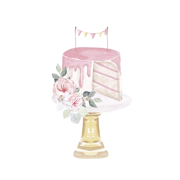 Gâteau rose aquarelle avec macaron Illustration isolé sur fond blanc