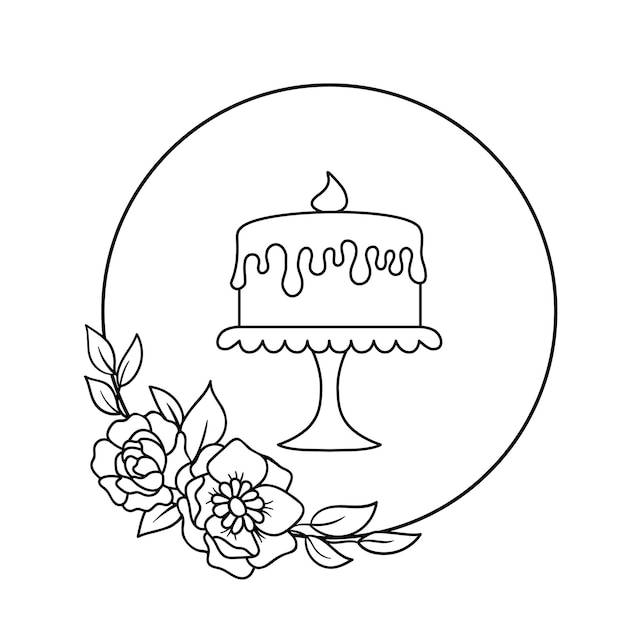 Vecteur gâteau traditionnel sur pied avec des fleurs dans un cercle illustration vectorielle dans le style de contour isolé logo pour boulangerie café