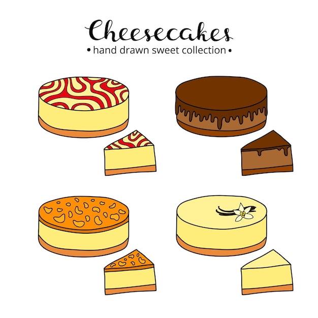 Vecteur gâteaux au fromage dessinés à la main avec des saveurs différentes isolées sur fond blanc