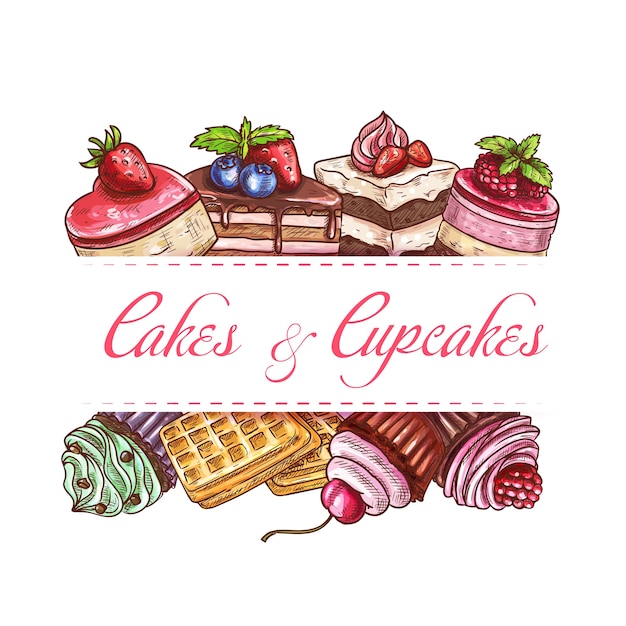 Gâteaux De Boulangerie, Pâtisserie Cupcake Et Desserts Sucrés Croquis Affiche Ou Couverture Pour Le Menu Du Café. Gâteaux Au Chocolat De Pâtisserie, Gaufres Belges, Cheesecake Et Tartes De Confiserie à La Crème Et Aux Baies Fraîches