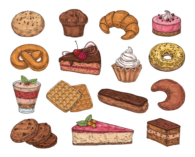 Gâteaux dessinés à la main Desserts de croquis sucrés pour le thé ou la pause café pâtisserie vintage gâteau gaufre et tarte Collection de vecteurs néotériques de boulangerie au chocolat ou au caramel