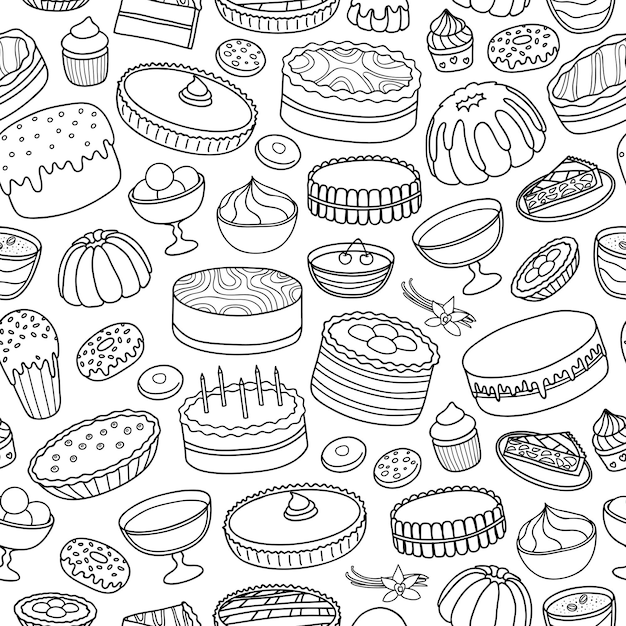 Des Gâteaux Dessinés à La Main à Motifs Sans Couture En Noir Et Blanc Avec Des Contours Différents