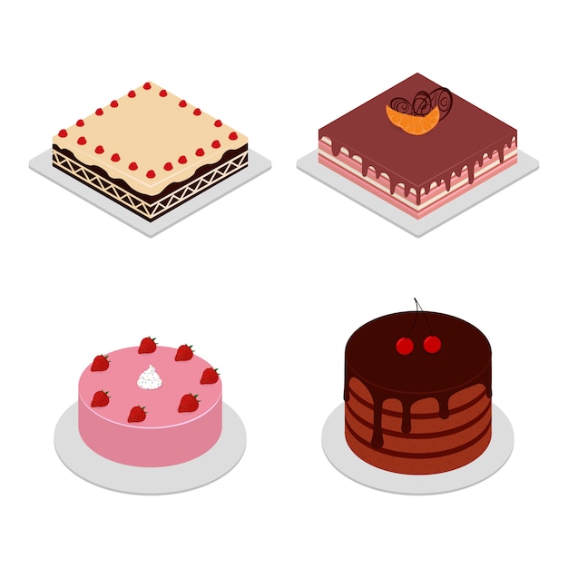 Gâteaux isométriques sous différentes formes. Gâteaux aux cerises, fraises. Tranche de gâteau au chocolat, délicieuse tarte d'anniversaire en tranches et délicieux gâteau glacé rose.